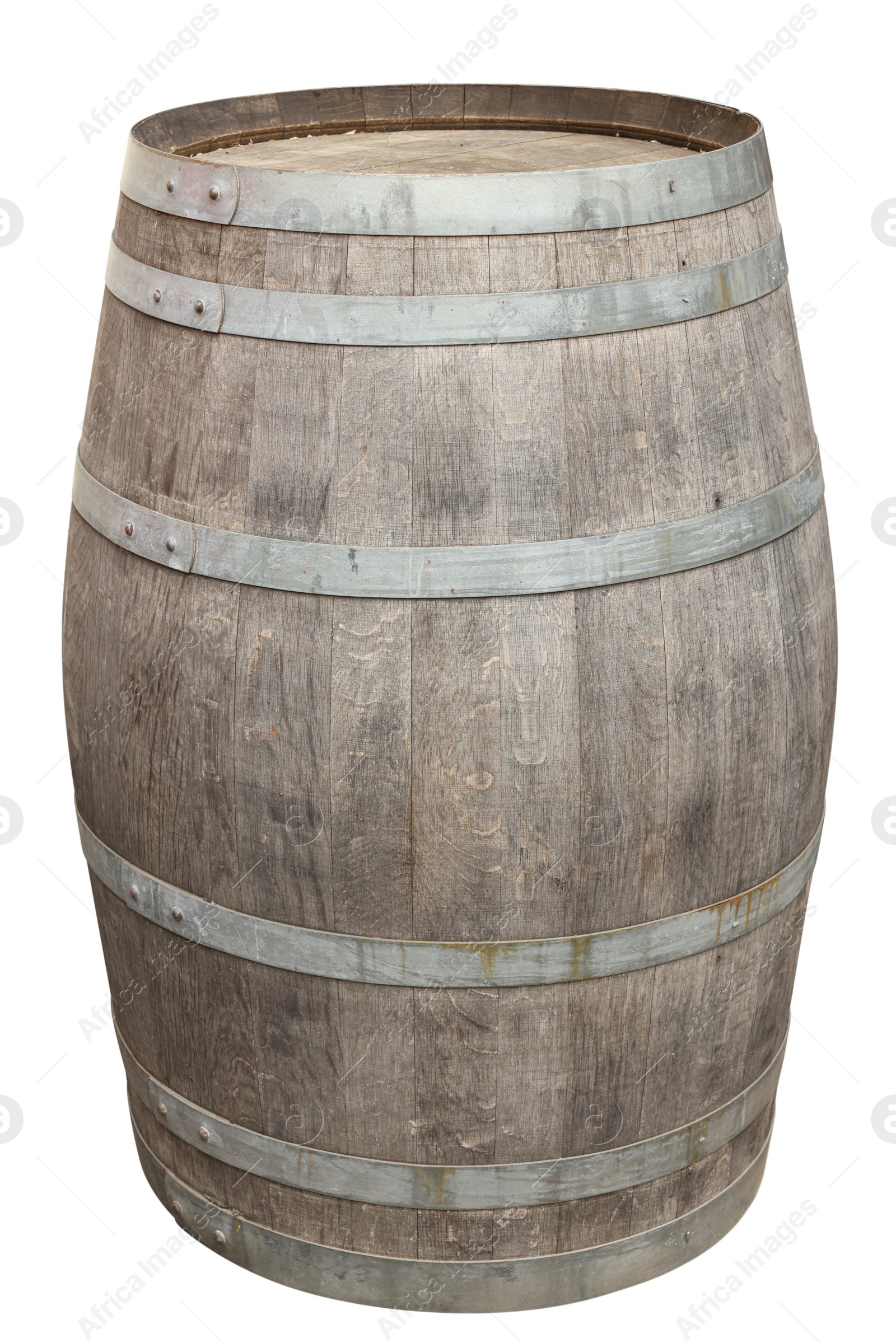 Image of One wooden barrel with metal hoops isolated on white