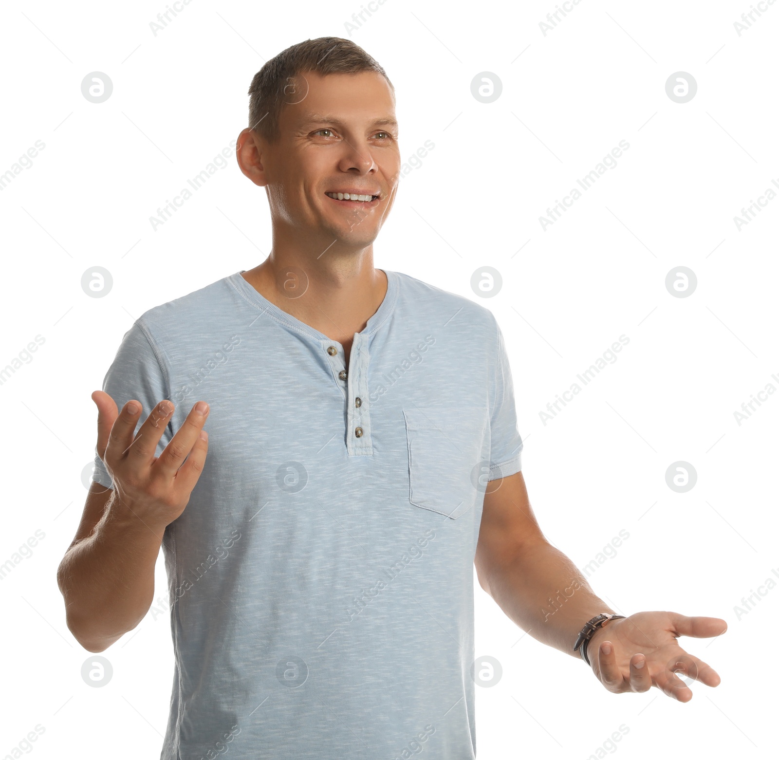 Photo of Man in casual clothes talking on white background