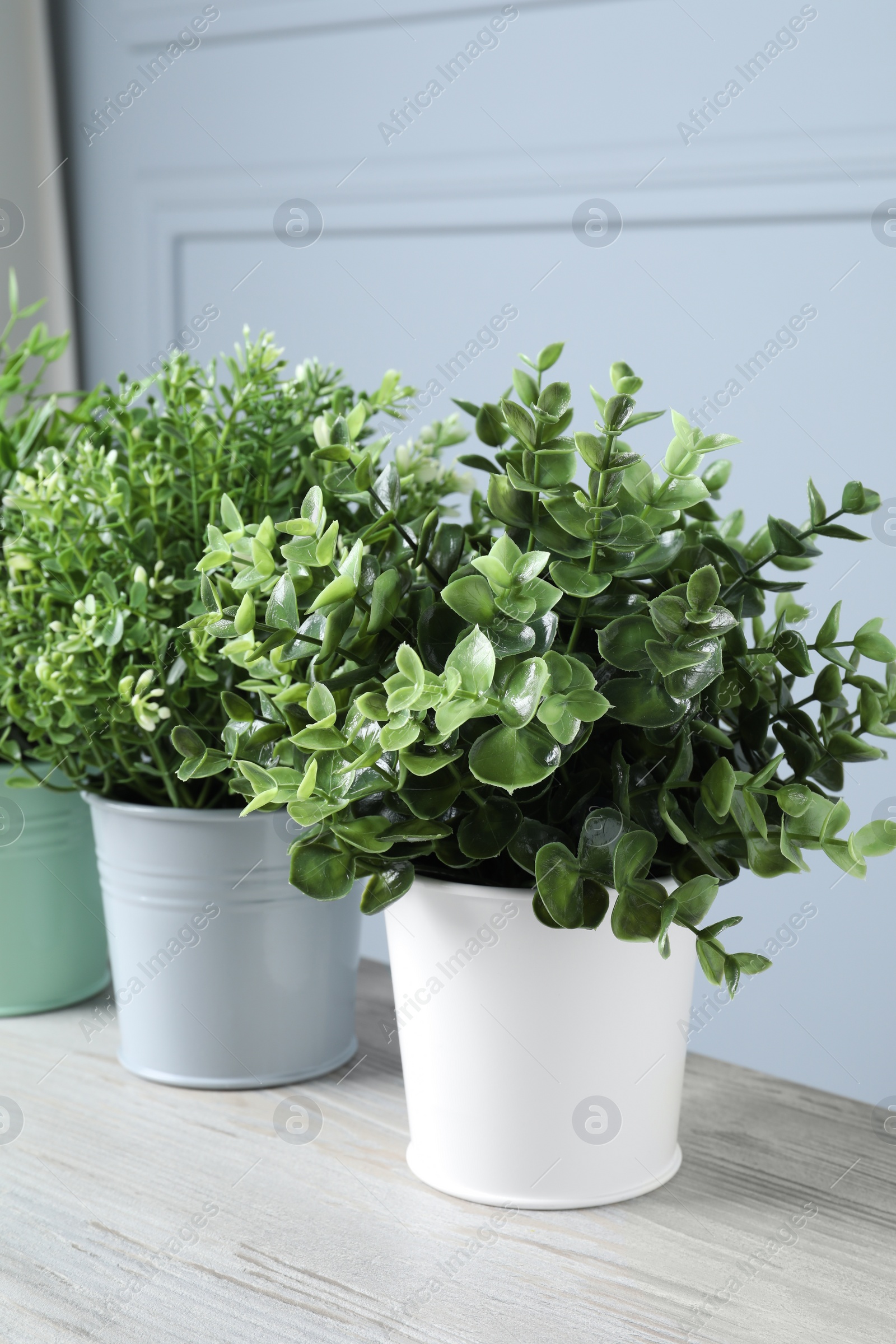 Photo of Different artificial potted herbs on white wooden table