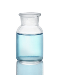 Photo of Apothecary bottle with light blue liquid isolated on white