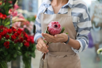 Female florist holding beautiful flower in shop