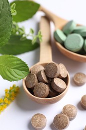 Photo of Different pills and herbs on white background, closeup. Dietary supplements