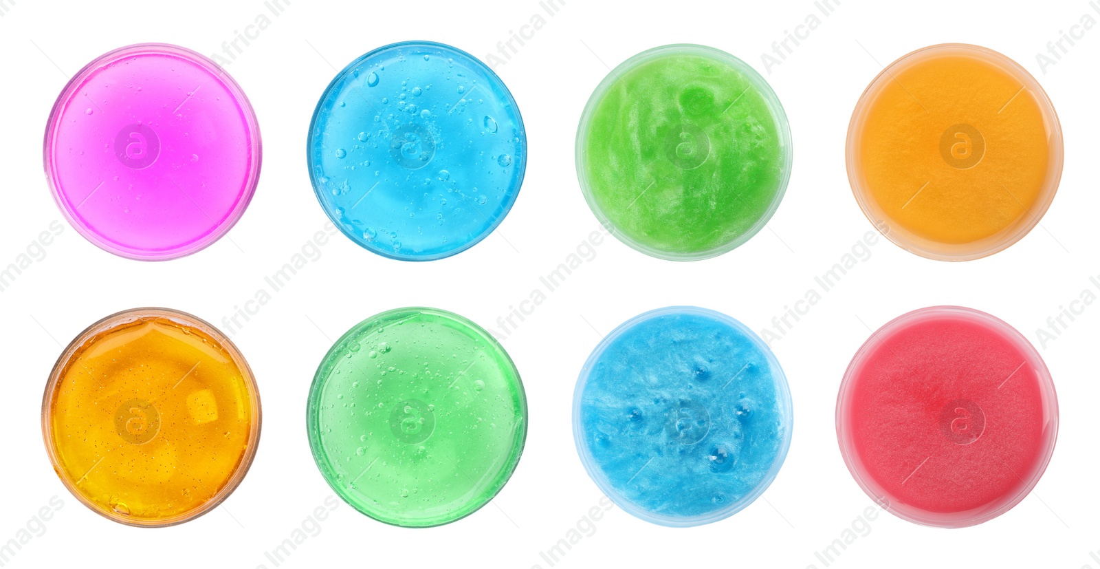 Image of Set of different colorful slimes on white background, top view. Antistress toy 