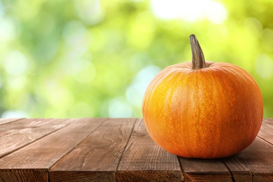 Image of Fresh pumpkin on wooden table against blurred greenery. Space for text