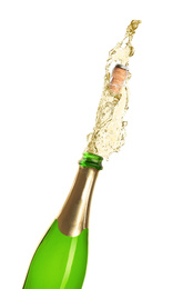 Image of Champagne splashing out of bottle on white background 