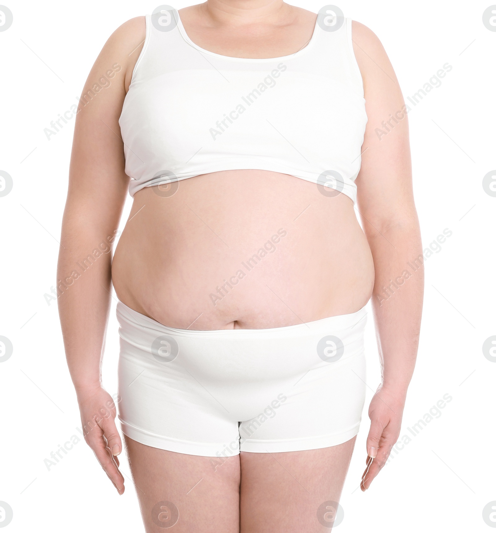 Photo of Overweight woman on white background, closeup. Weight loss