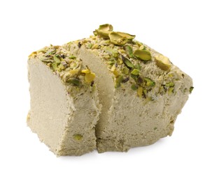 Photo of Tasty halva with pistachios isolated on white