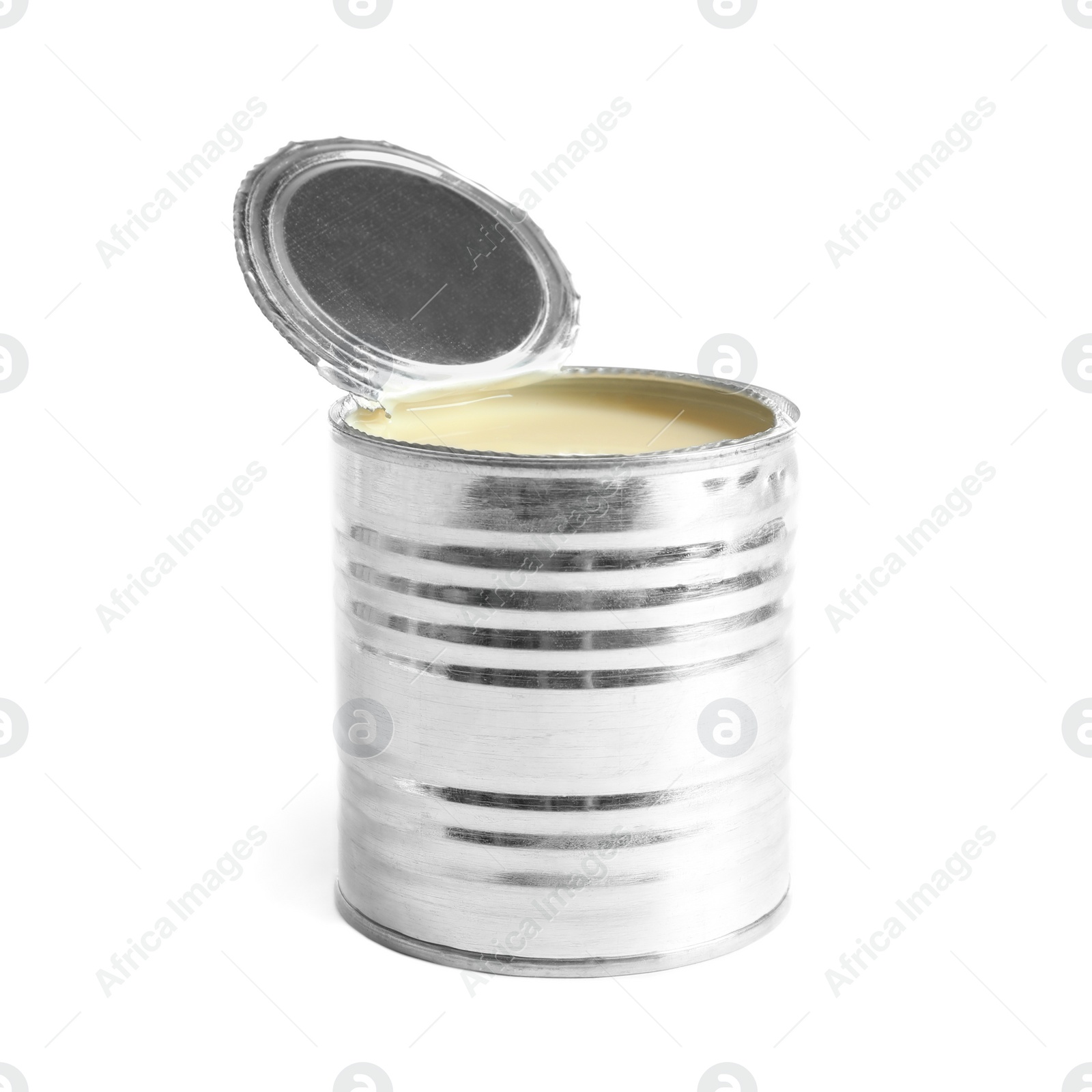 Photo of Tin can with condensed milk on white background. Dairy product