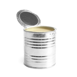 Tin can with condensed milk on white background. Dairy product