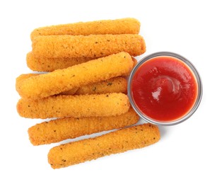 Tasty cheese sticks with ketchup on white background, top view