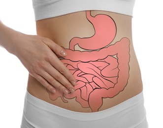 Woman with image of healthy digestive system on white background, closeup