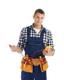 Electrician with multimeter wearing uniform on white background