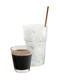 Photo of Coffee and ice cubes in different glasses isolated on white