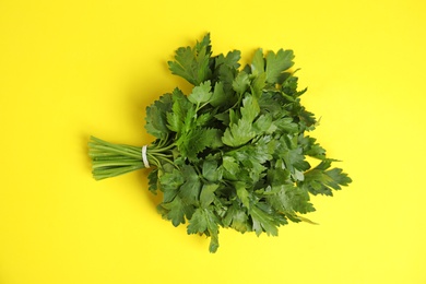 Bunch of fresh green parsley on color background, view from above