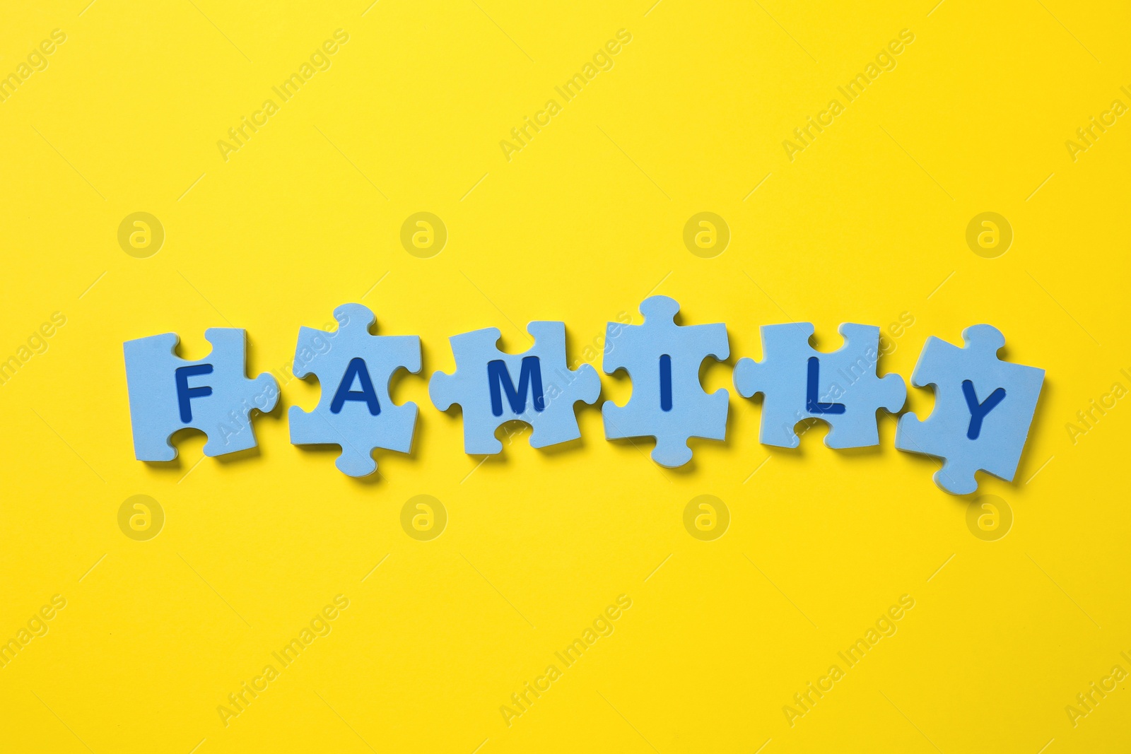 Photo of Word Family made of puzzles with letters on yellow background, flat lay