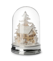 Photo of Beautiful snow globe with house and trees isolated on white