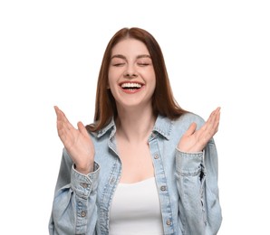 Portrait of beautiful woman laughing on white background