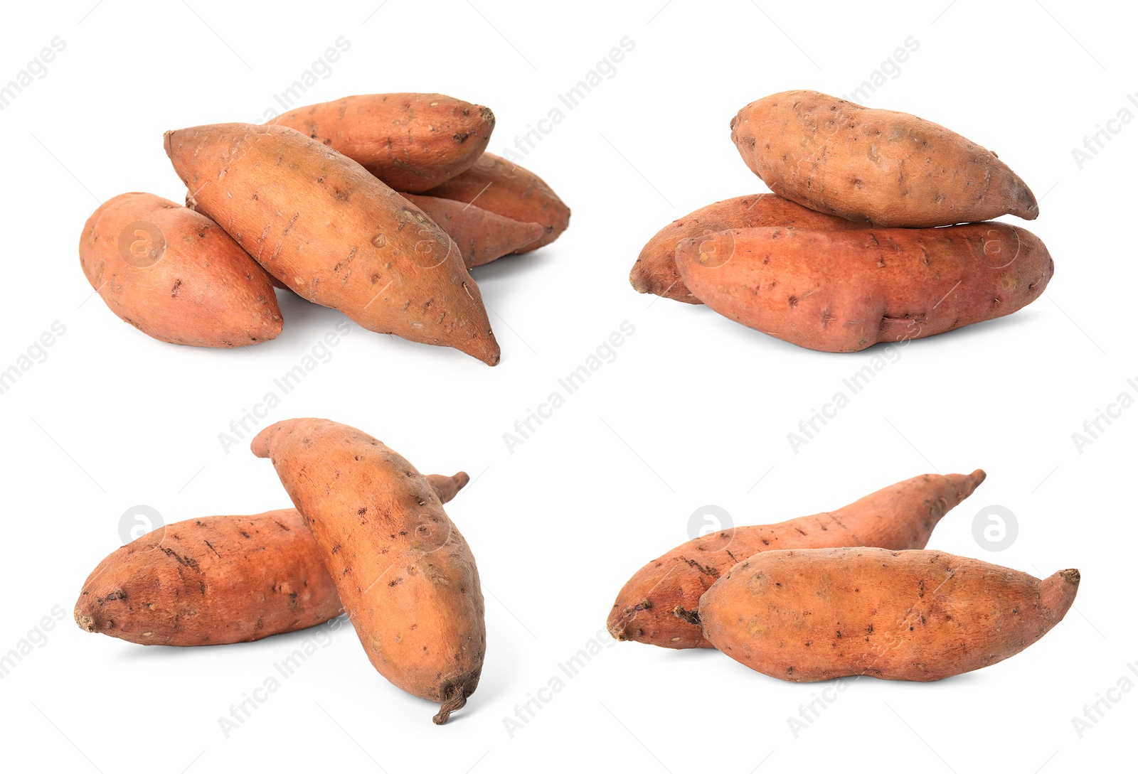 Image of Set with fresh sweet potatoes on white background 