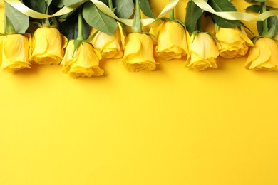 Beautiful fresh roses and ribbon on yellow background, flat lay. Space for text