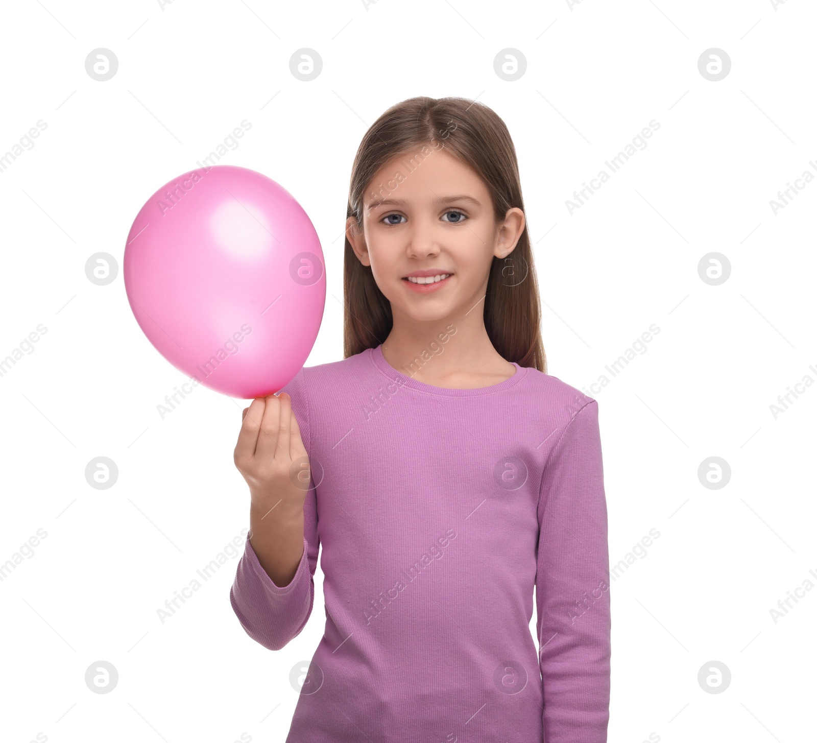 Photo of Happy girl with pink balloon on white background