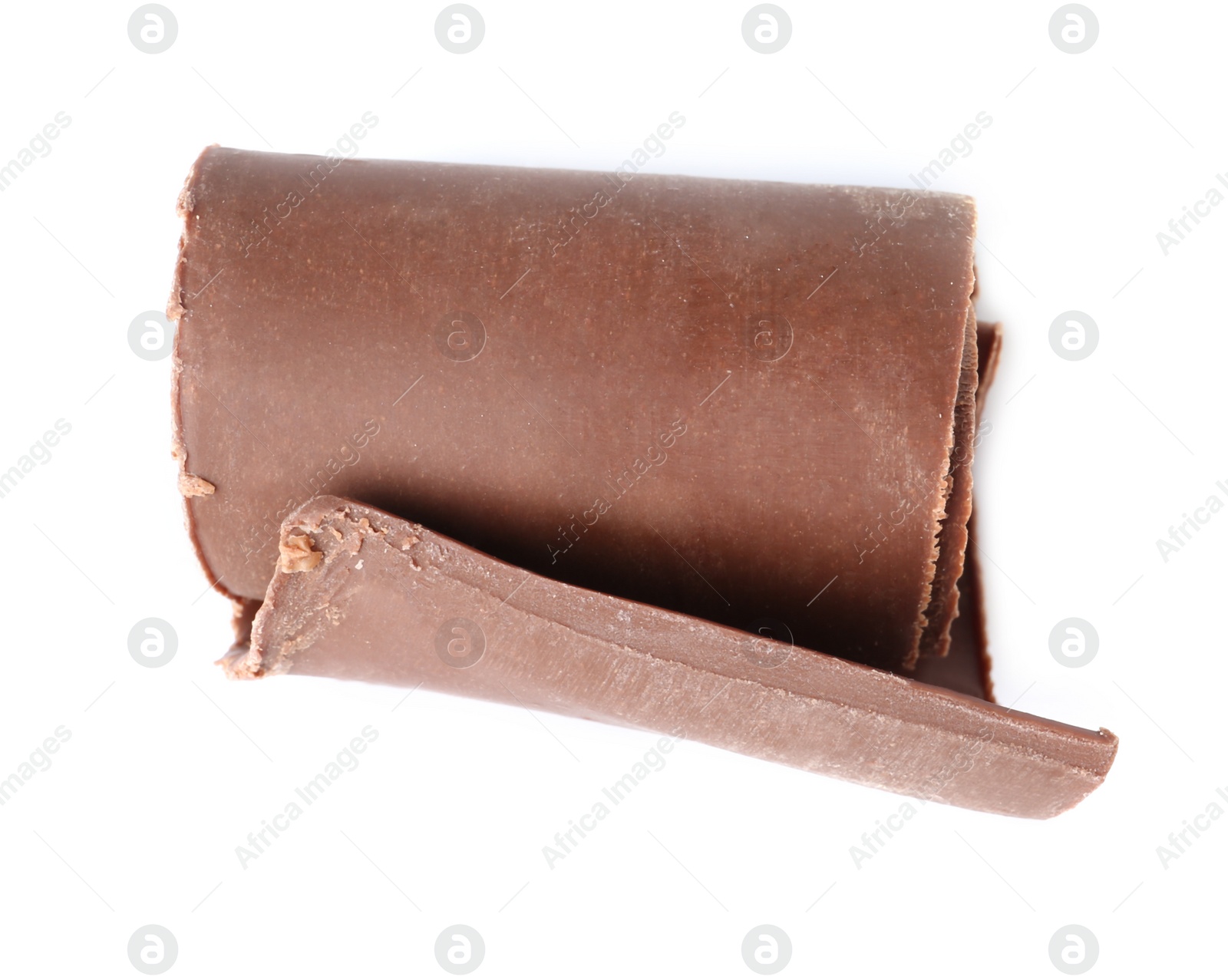 Photo of Curl of tasty chocolate on white background