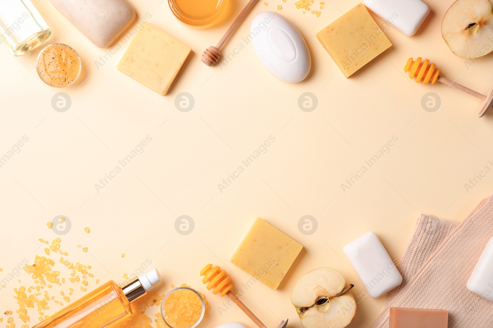 Photo of Flat lay composition with different soap bars on color background. Space for text