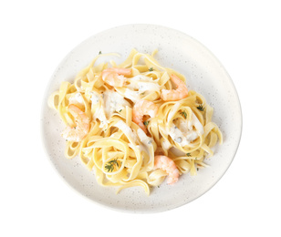 Delicious pasta with shrimps isolated on white, top view