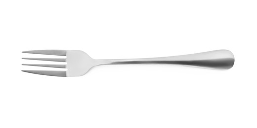 Photo of One clean shiny fork isolated on white, top view. Cooking utensil