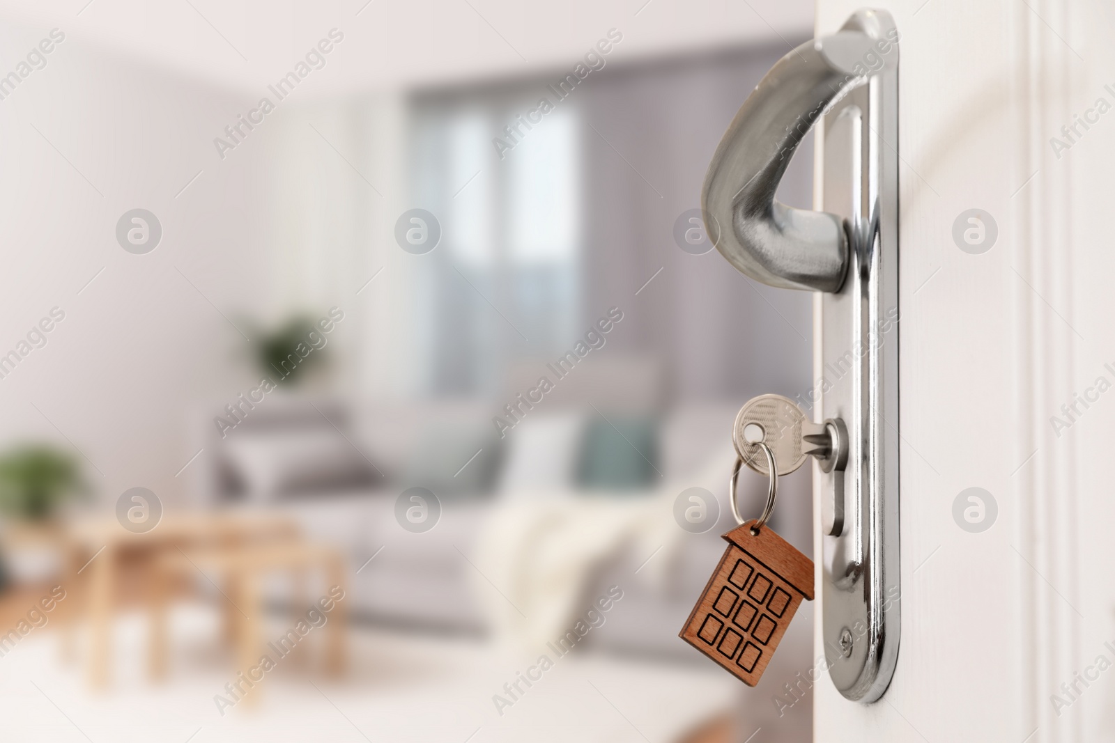 Image of Closeup view of door with key open into room