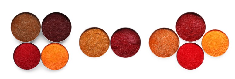 Many different powdered food coloring isolated on white, top view