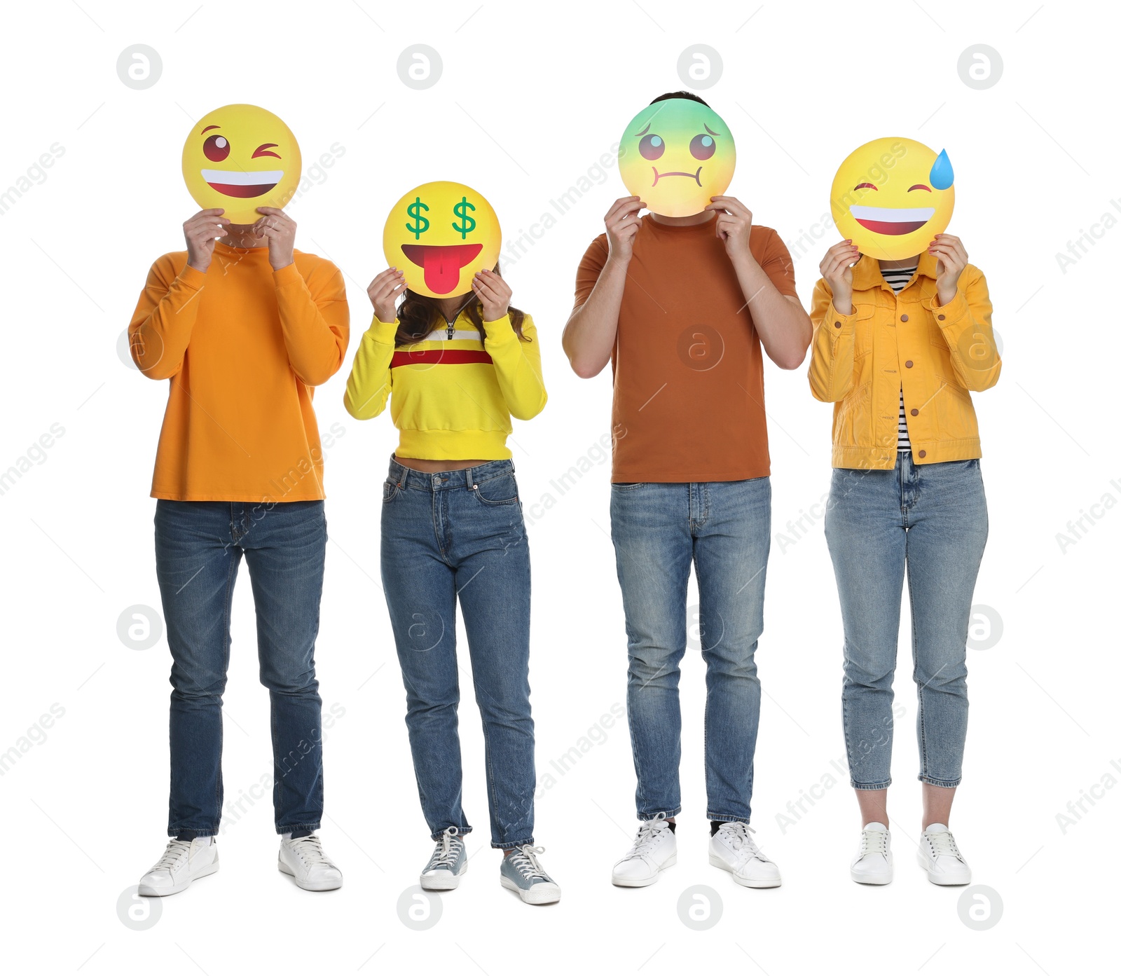 Photo of People covering faces with emoticons on white background