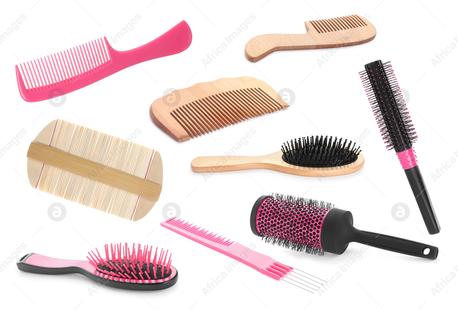 Image of Set with different hair brushes and combs on white background