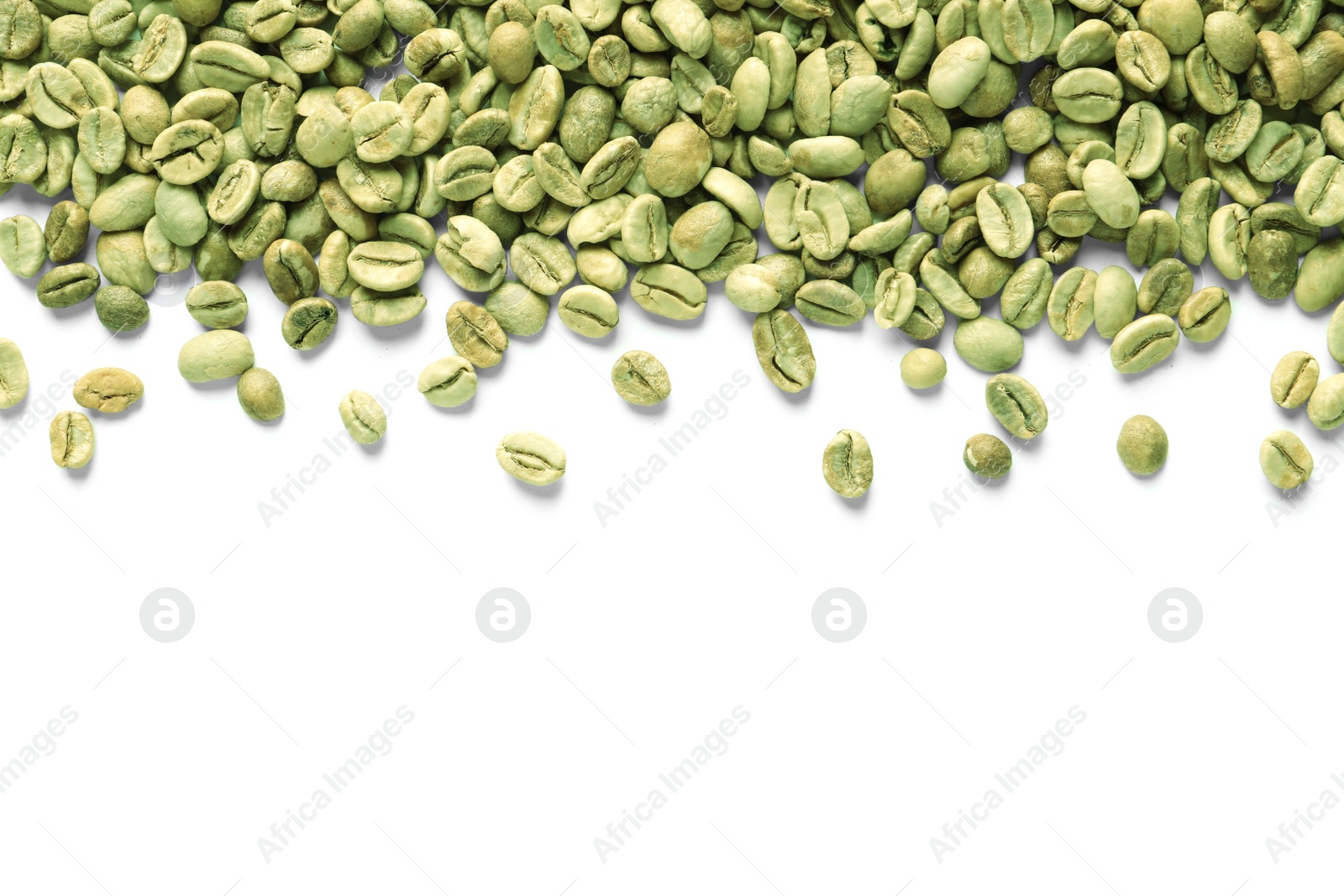 Photo of Many green coffee beans on white background, top view