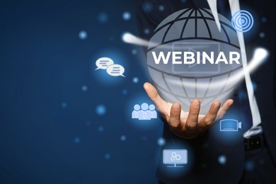 Image of Webinar concept. Closeup view of man and different virtual icons on blue background