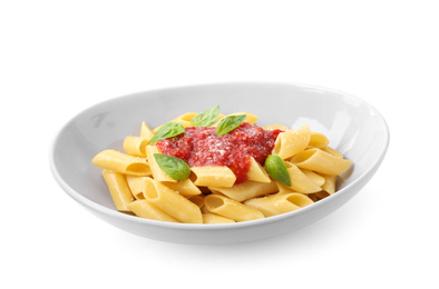 Photo of Tasty pasta with tomato sauce, basil and cheese isolated on white