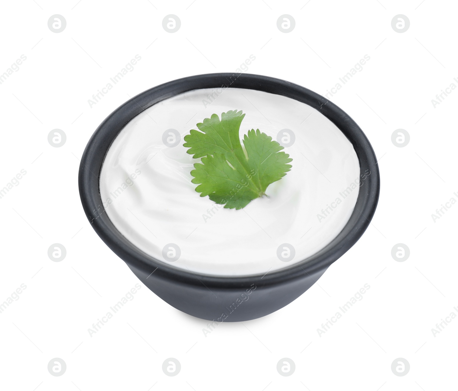 Photo of Sauce with fresh parsley in bowl isolated on white