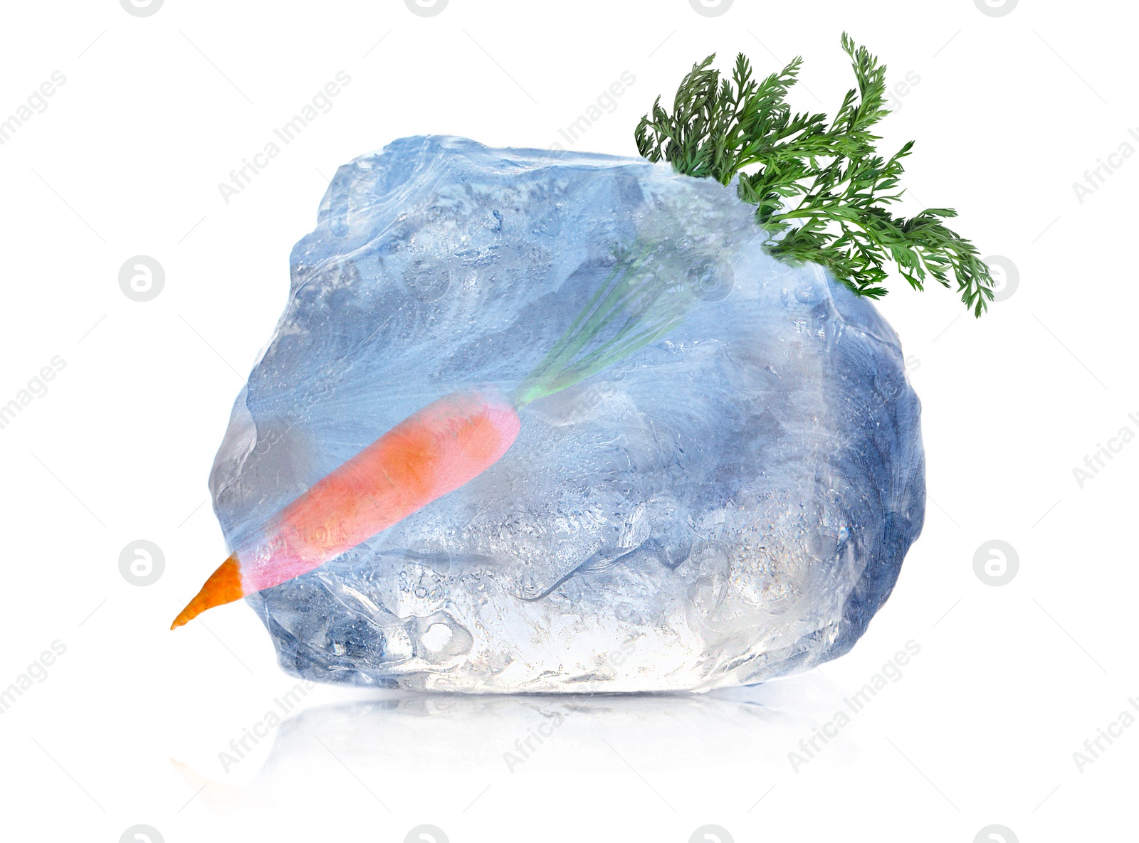 Image of Frozen food. Raw carrot in ice cube isolated on white