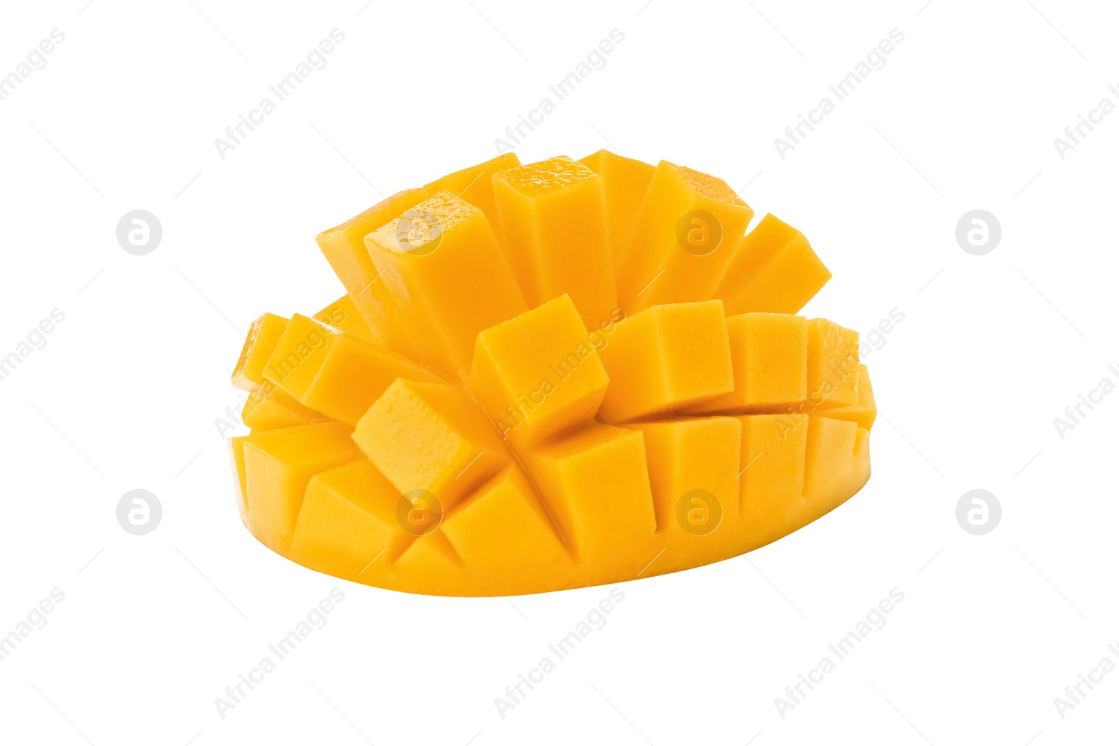 Photo of Cut ripe mango isolated on white. Exotic fruit