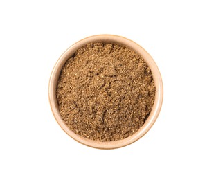 Bowl of aromatic caraway (Persian cumin) powder isolated on white, top view