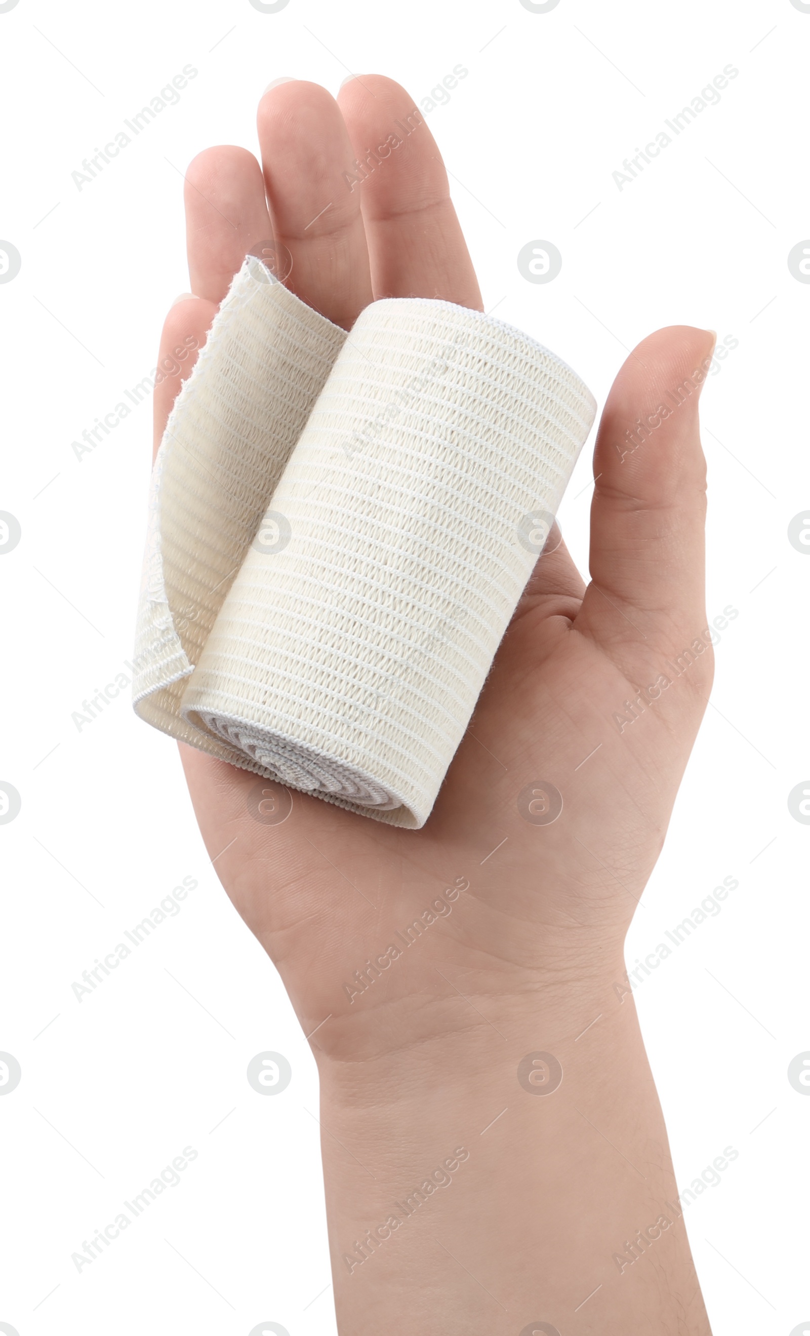 Photo of Woman with medical bandage roll on white background, closeup