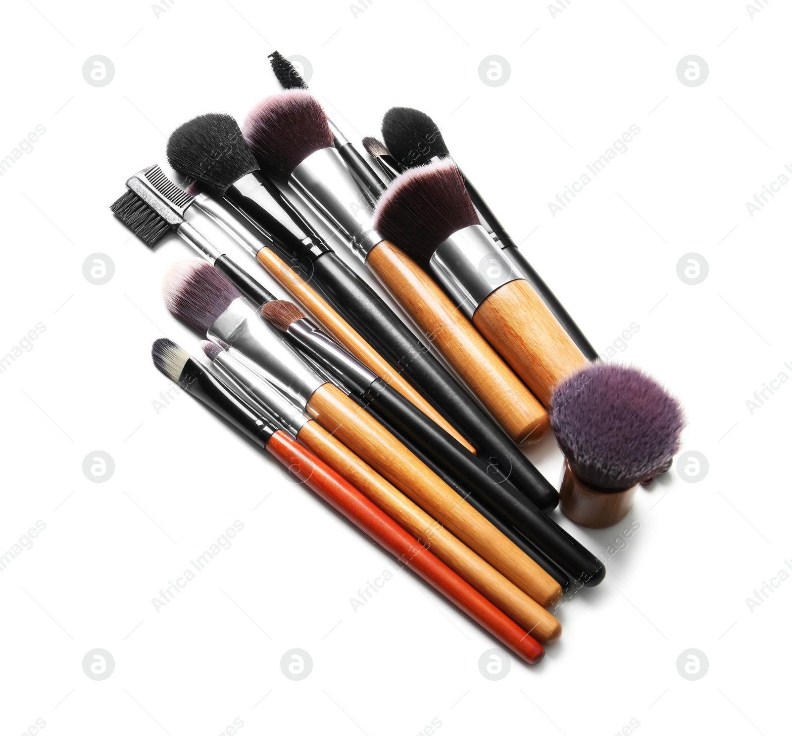 Photo of Makeup brushes of professional artist on white background