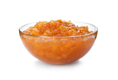 Photo of Bowl with peach jam on white background