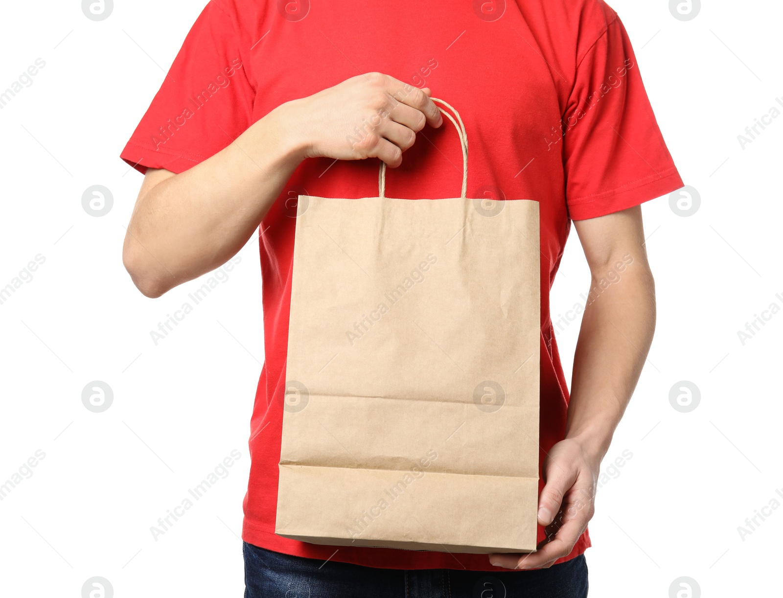 Photo of Man holding paper bag on white background. Food delivery service