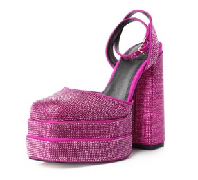 Photo of Fashionable punk square toe ankle strap pump isolated on white. Shiny party platform high heeled shoe