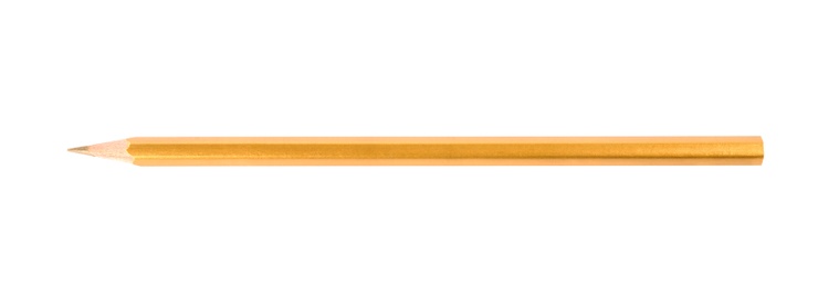 Photo of Golden wooden pencil on white background, top view. School stationery