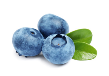 Photo of Fresh ripe blueberries with leaves on white background