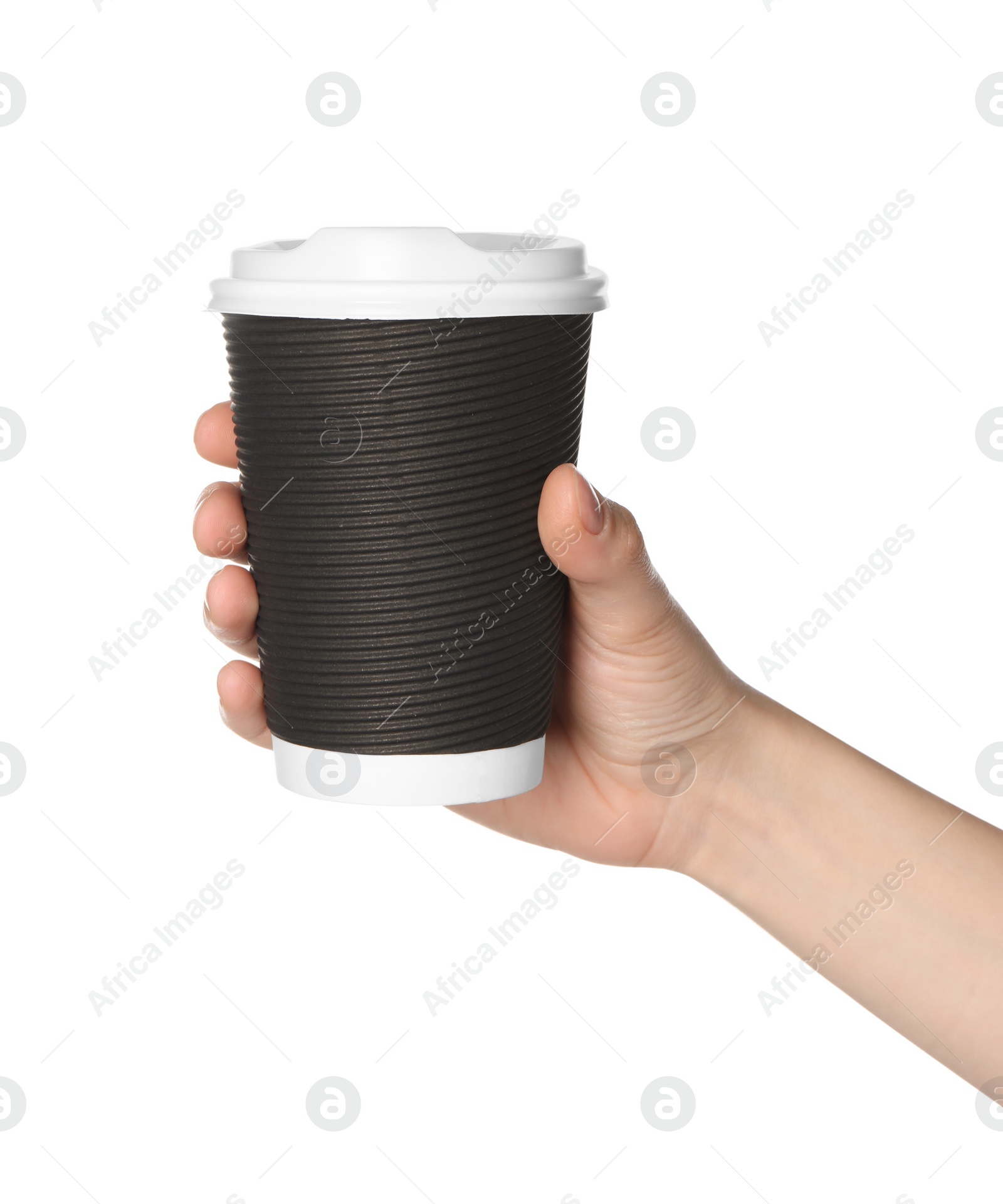 Photo of Woman holding paper cup of tasty drink on white background. Coffee to go