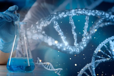 Double exposure with photo of scientist working with sample and structure of DNA on blue background