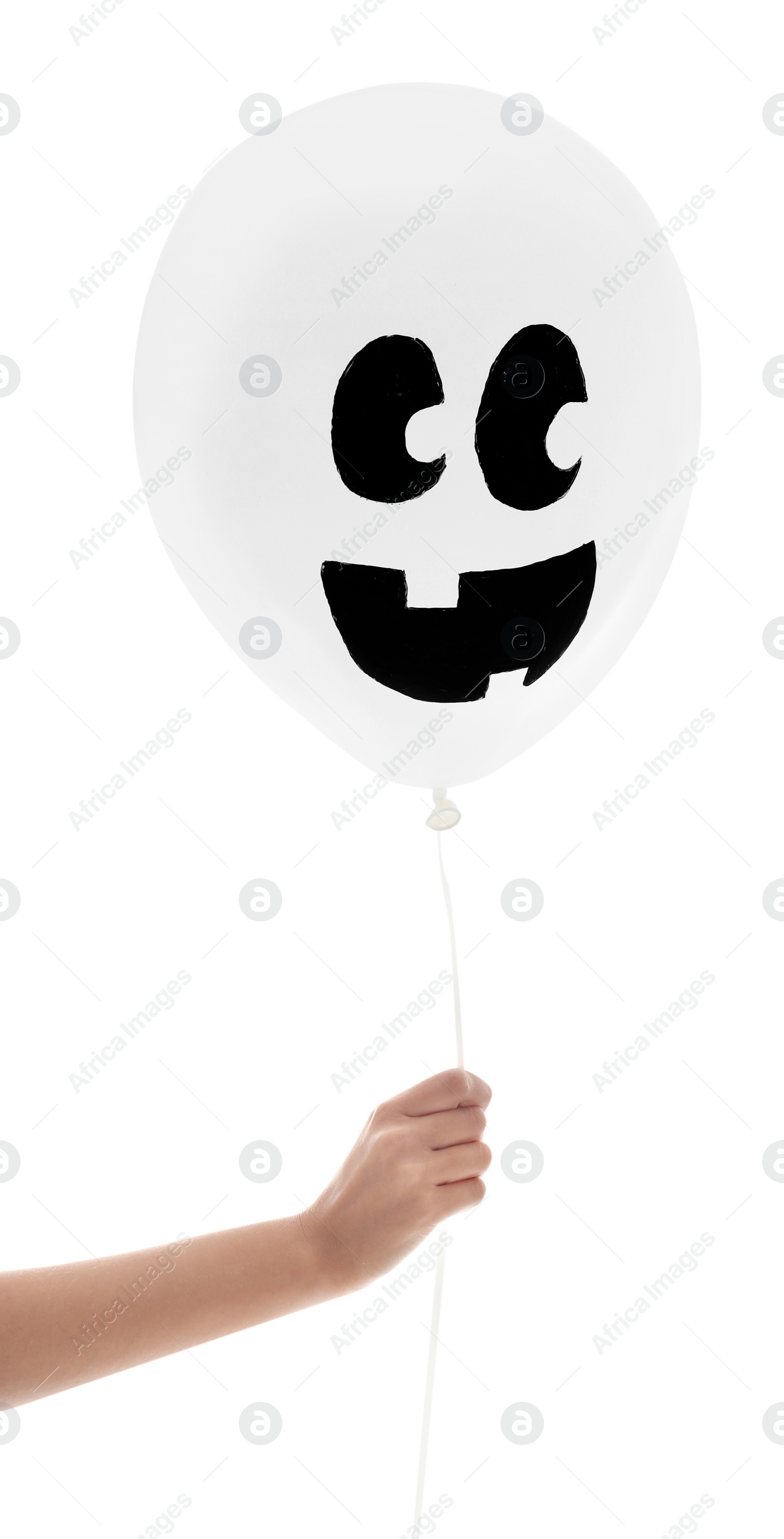 Photo of Woman holding balloon for Halloween party on white background