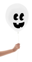 Woman holding balloon for Halloween party on white background